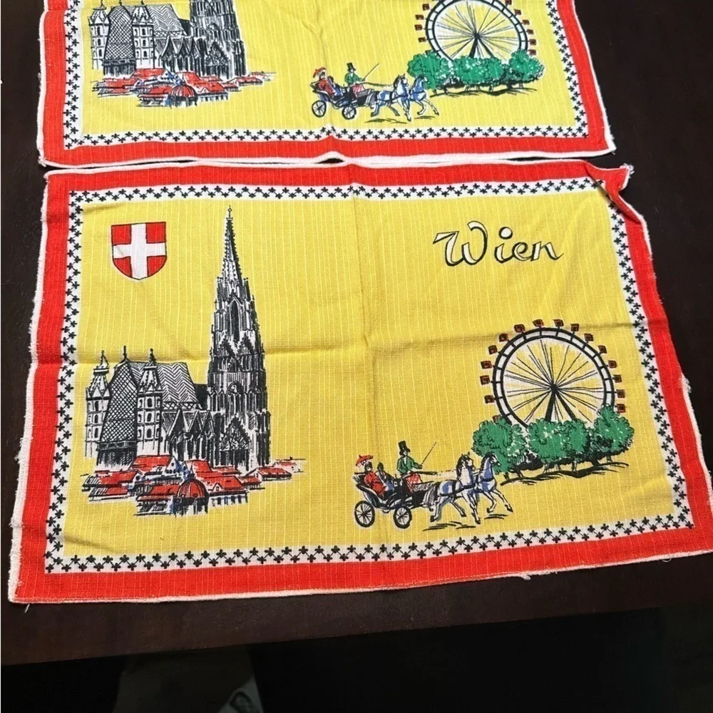 Vintage Austrian Linens Napkins Placemats Lot Mid Century Bright Color Landmarks